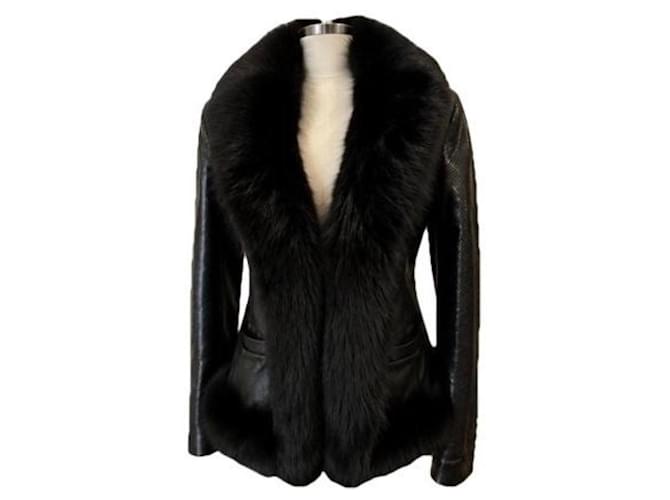 Barbara Bui Black Leather Python Fox Fur Jacket