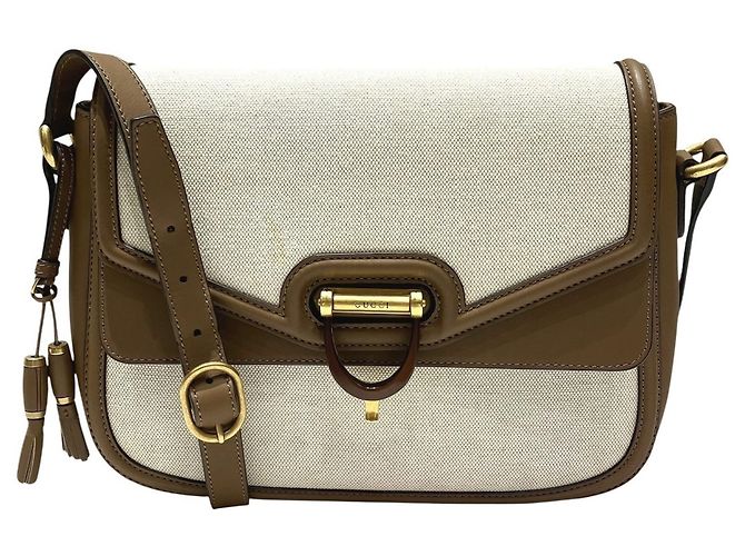 Bolsa de Ombro Gucci Derby em Lona e Couro Cru Camelo