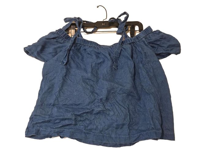 J Brand Top in lino blu spalle scoperte