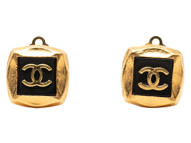 Chanel Coco Mark Vintage Eckige Ohrringe Schwarz Golden