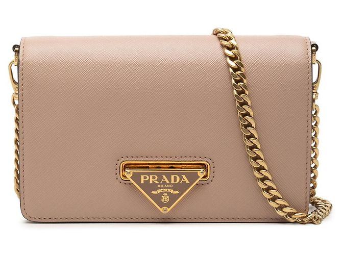 Saffiano Prada Triangle Logo Plate Chain Schultertasche Beige