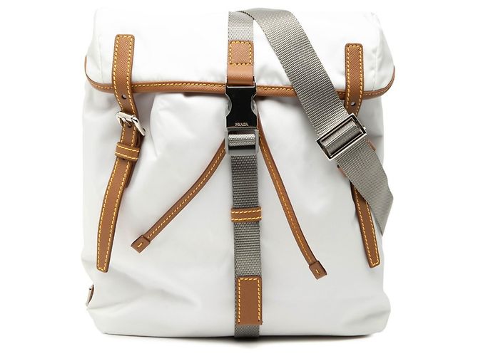Prada Triangle Logo Plate Tessuto Schultertasche Weiß