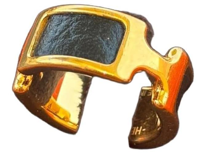 Hermès Olympe Leather and Gold-Tone Metal Ring, Size 52 Black Golden 