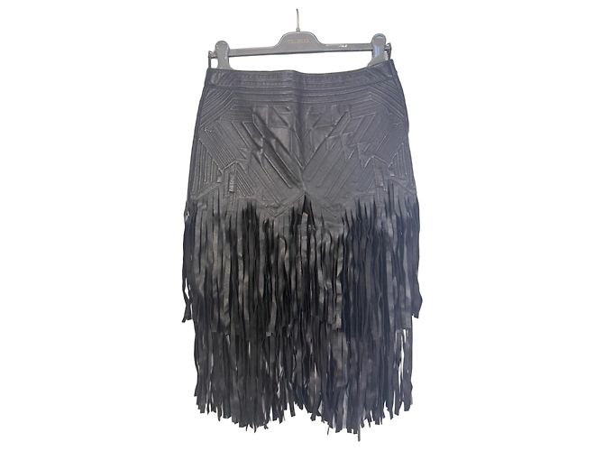 Roberto Cavalli Fransenrock aus schwarzem Leder