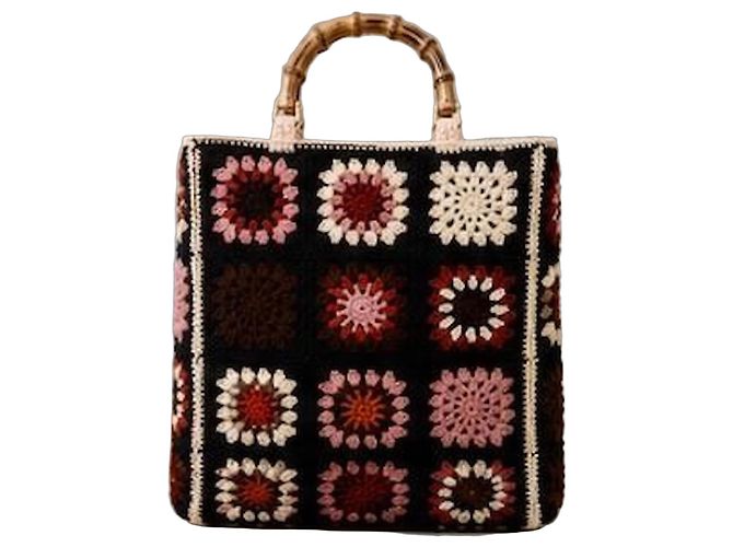 Autre Marque Twinset Borsa in Crochet con Manico in Bambù Marrone Nero Rosa Bianco
