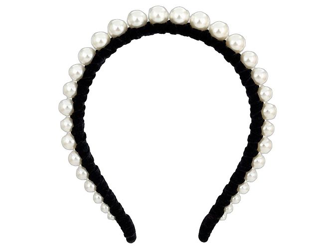 Lele Sadoughi Cerchietto con Perle e Velluto Nero Bianco