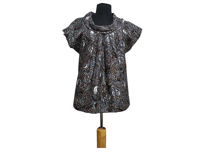Tibi Top de seda estampado paisley cuello drapeado Castaño Blanco Gris