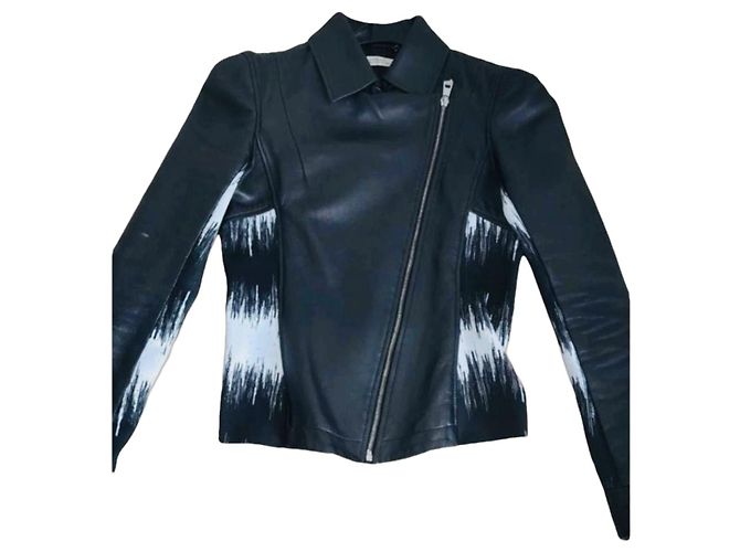 Versace Collection Lederbikerjacke mit abstraktem Print Schwarz Weiß