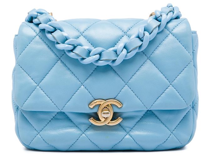 Chanel Blue Mini Quilted Lambskin Lacquered Chain Flap Bleu Bleu clair