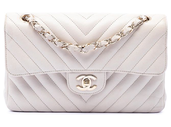 Chanel White Small Classic Chevron Caviar Double Flap Blanc