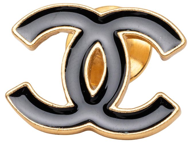 Chanel Black CC Emaille Brosche vergoldet Schwarz