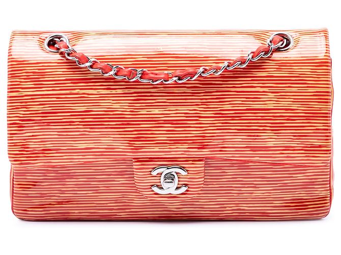 Chanel Orange Medium Classic Patent Striped Double Flap