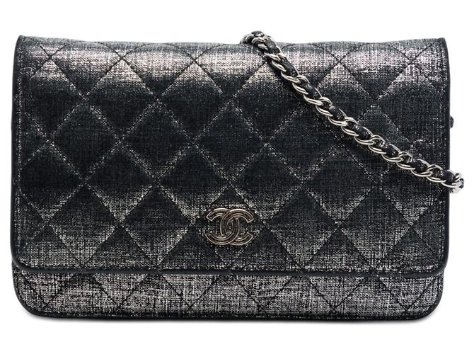 Chanel Gray CC gesteppte Metallic-Stoff Wallet On Chain Braun Anthrazitgrau
