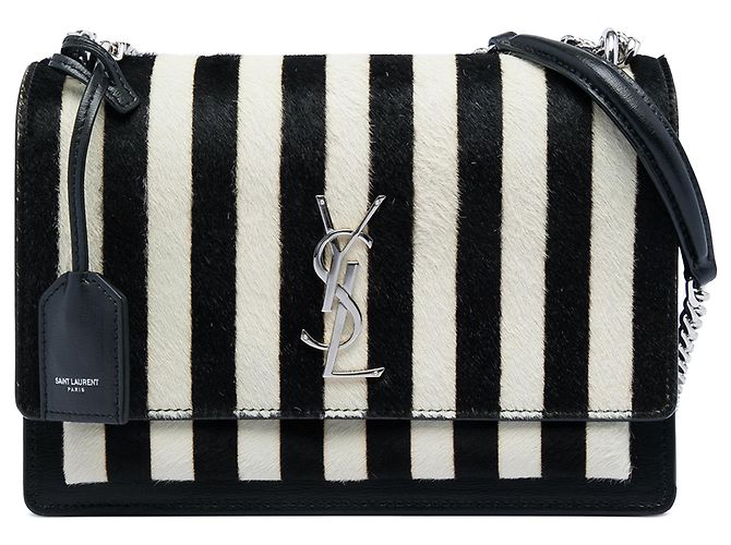 Saint Laurent Borsa a tracolla Monogram Sunset in pony a strisce e pelle di vitello nero, misura Medium