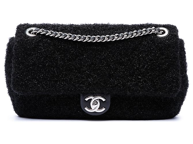 Chanel Black Medium Quilted Metallic Knit Pluto Glitter Flap Noir