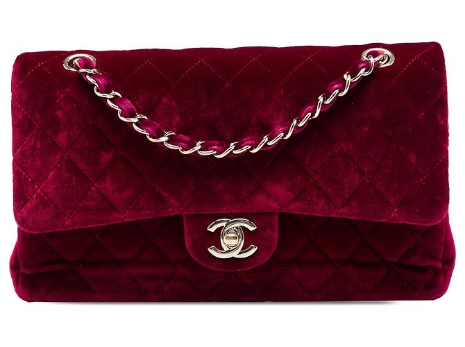 Chanel Red Medium Classic Velvet Double Flap Vermelho Bordeaux