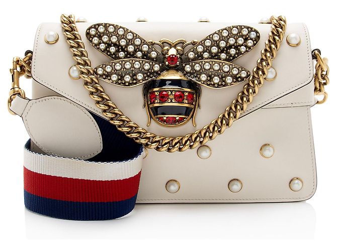 Mini bolsa de ombro Broadway em couro de bezerro e pérolas com detalhe de abelha Gucci Branco