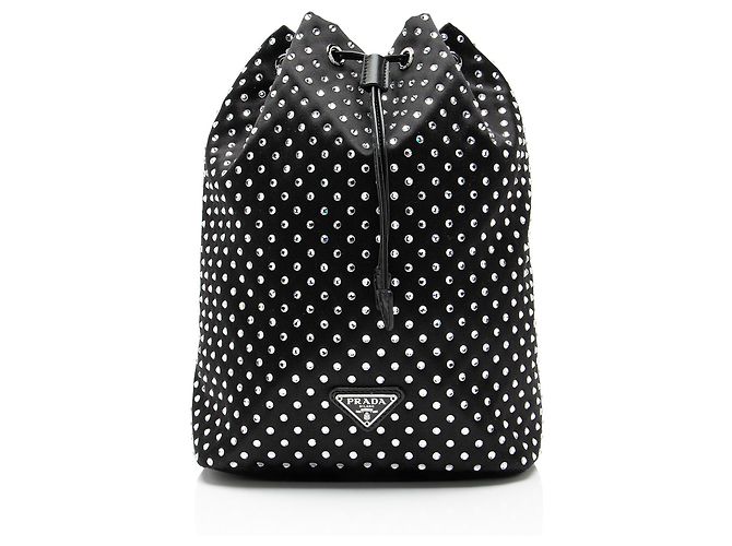 Prada Re-Nylon Crystal Embellished Drawstring Pouch Black