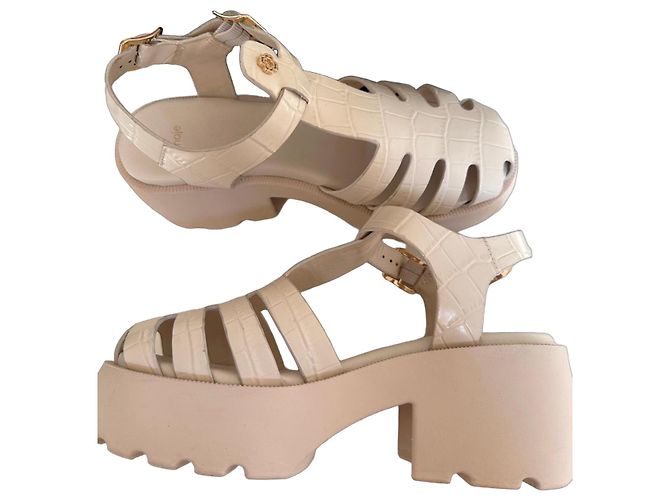 Maje Cream Croc-Effect Leather Platform Sandals