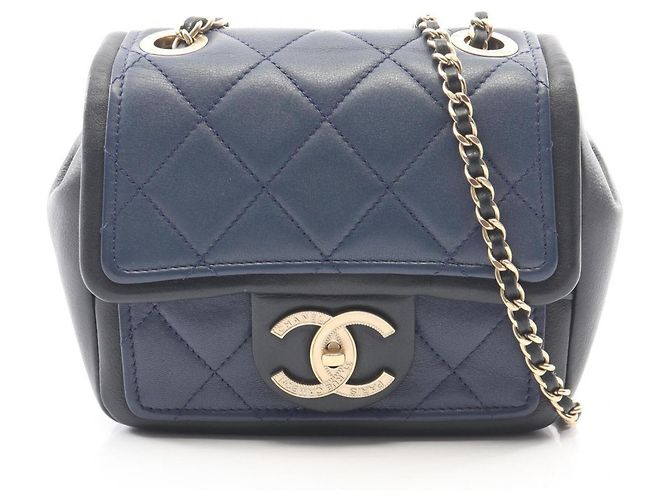 Bolsa de Ombro Chanel Mini Matelassé Azul Azul marinho