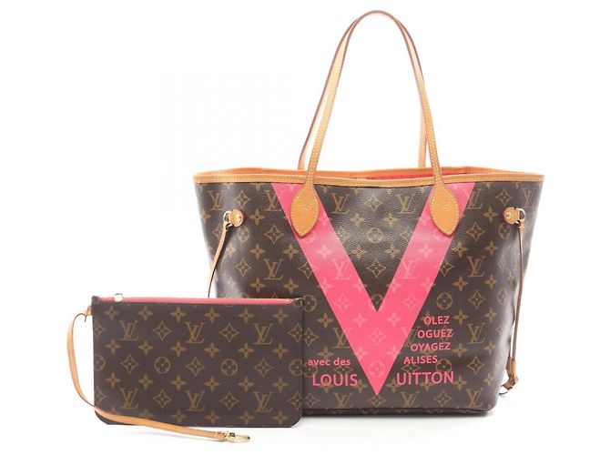 Sac cabas Louis Vuitton Neverfull MM Marron Rose Rouge Monogramme