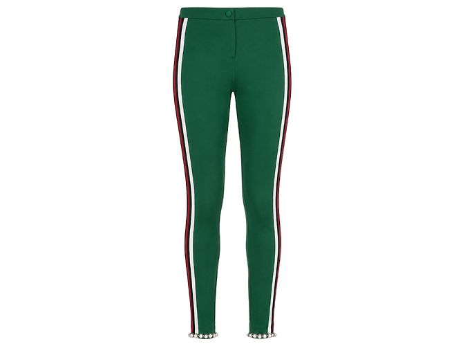 Pantalones de chándal de jersey verde con ribete de perlas Gucci Spring 2017 Runway