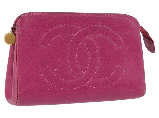 CHANEL COCO Mark Pouch Piel de Caviar Oro Rosa CC Auth BA14390A Dorado