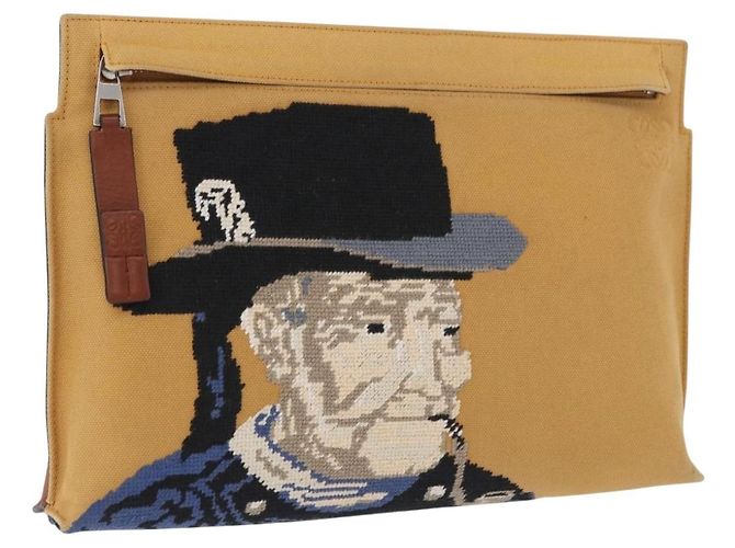 Clutch LOEWE in tela marrone argento Auth 192707A