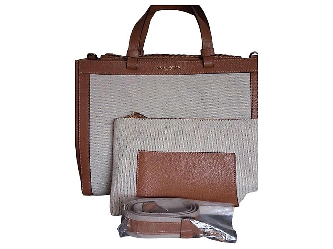 Autre Marque Bolsa tote Gianni Notaro de couro marrom e lona bege com pochette