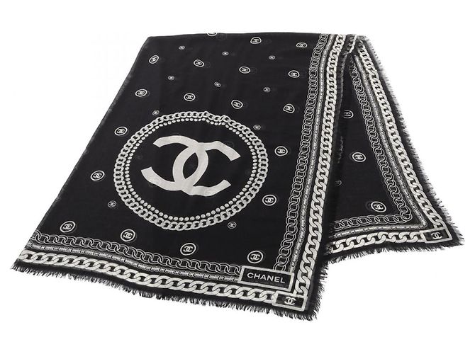 Timeless Sciarpa Chanel Coco Mark in seta e cashmere Nero Bianco 