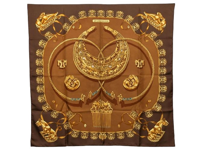 Hermès Sciarpa Hermes Carre 90 LES CAVALIERS D'OR Marrone Multicolore