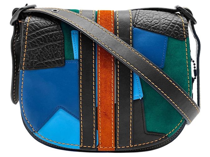 Bolsa de Ombro COACH Saddlebag Varsity Patchwork Marrom Preto Azul