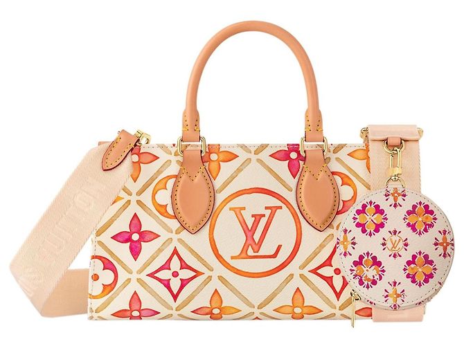 Bolsa Louis Vuitton OnTheGo East West Rosa Bege Laranja Monograma