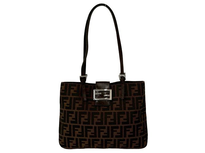 Sac cabas FENDI Vintage Zucca FF Pattern Canvas Leather Marron Noir