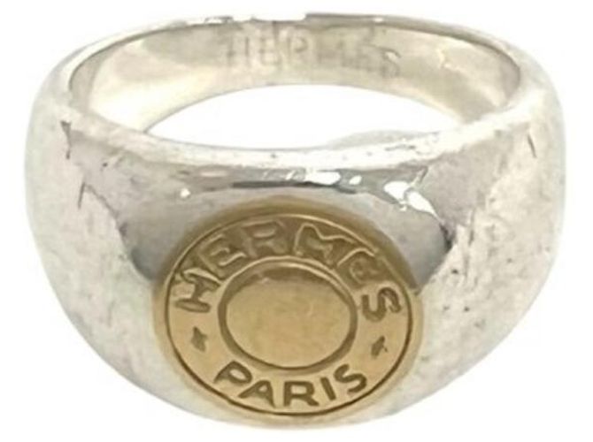 Hermès HERMES Hermes Sellier Band Ring Silvery Golden 