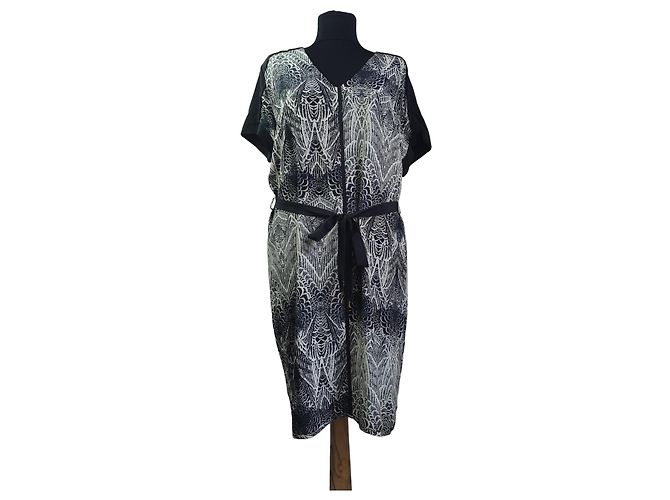 Autre Marque DAY Birger et Mikkelsen Vestido de seda estampado com cinto Preto Cinza Cru