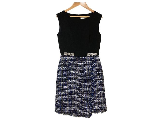 Autre Marque Chesty Bijou Tweed Kleid Schwarz Weiß Marineblau