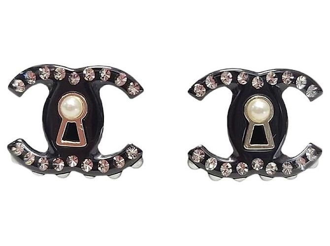 Chanel Orecchini Black Pearl Crystal Lock CC Nero
