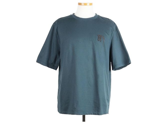 Hermès T-Shirt mit Pferdeleder-Patch Turquoise Blau