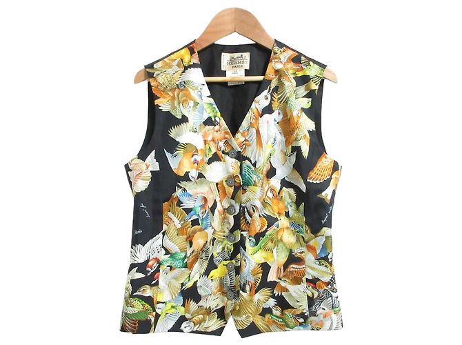 Chaleco de seda Hermès con estampado de pájaros 40 Negro