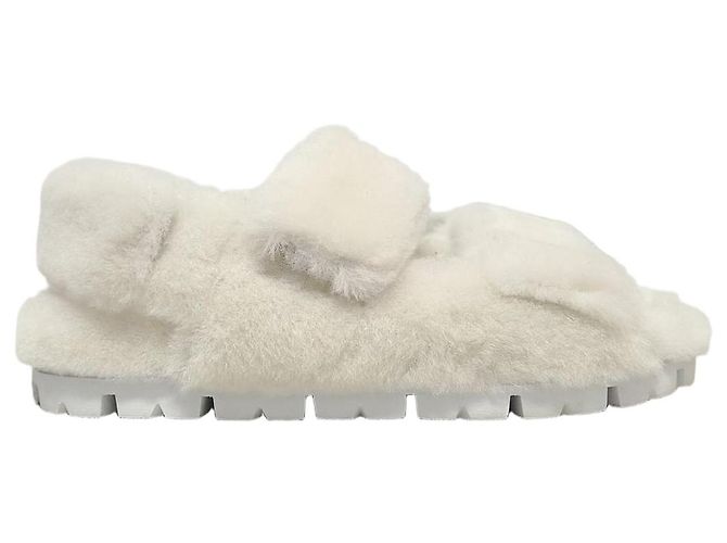 Prada White Triangle Logo Shearling Strap Sandals