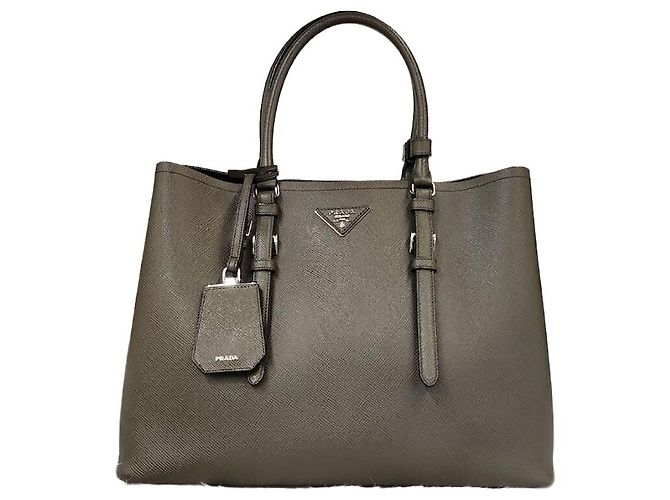 Prada Double Saffiano Khaki Grey Marron