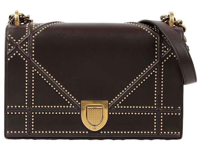Dior Borsa a tracolla in pelle marrone scuro con borchie a forma di lama
