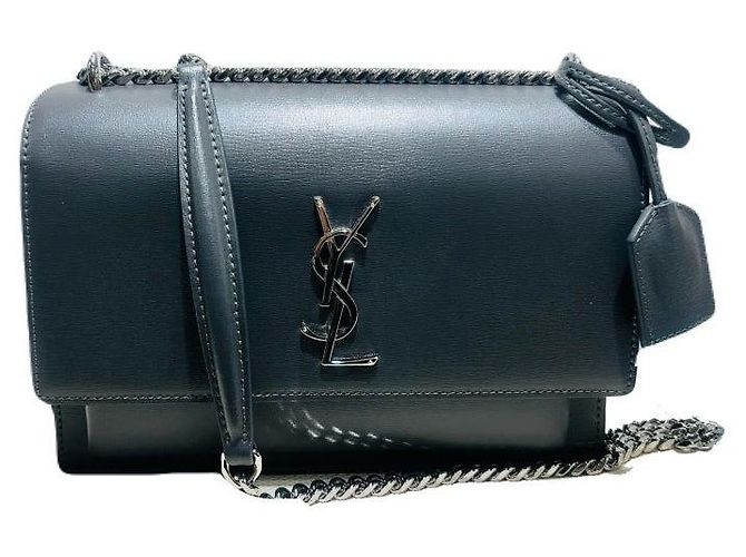 Saint Laurent Bolso de hombro y bandolera YSL en cuero Dark Grey Sunset con monograma y cadena plateada Castaño