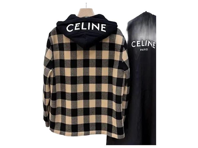 Céline Check Wool Hooded Overshirt Jacket Beige Brown