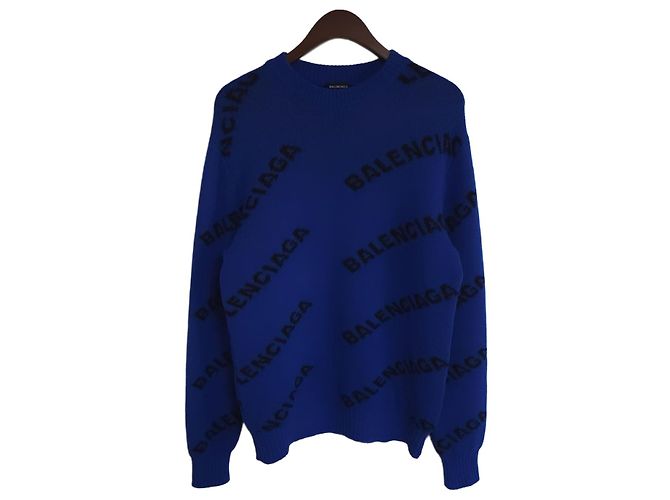 Balenciaga XS Cobalt Blue Multi-Logo Wool Knit
