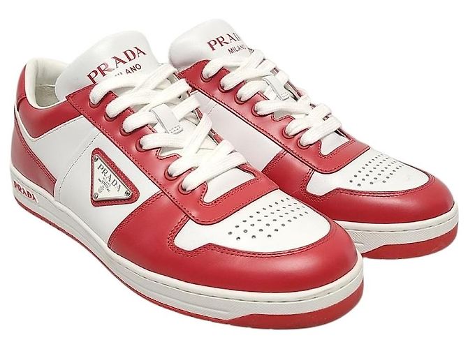 Prada Red Triangle Logo Downtown Leather Sneakers