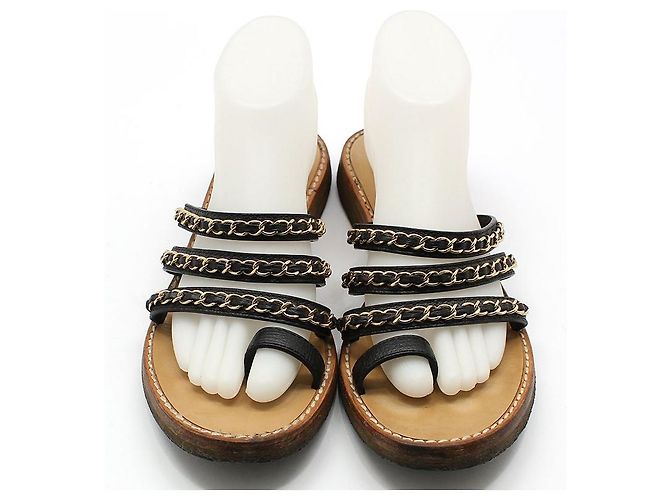 Chanel Gold Chain Strap Sandal Slipper Brown