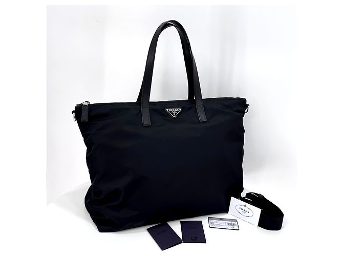 Prada Nylon Triangle Logo Shopper Bag Shoulder Bag Black