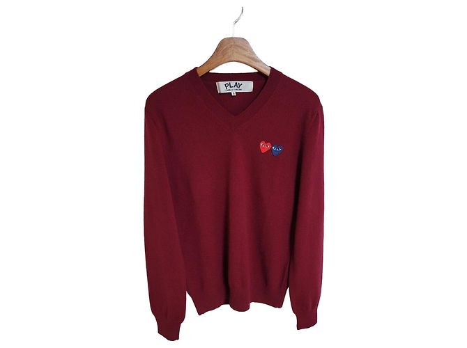Comme Des Garcons Burgunderroter Strickpullover mit Doppelwappen für Herren